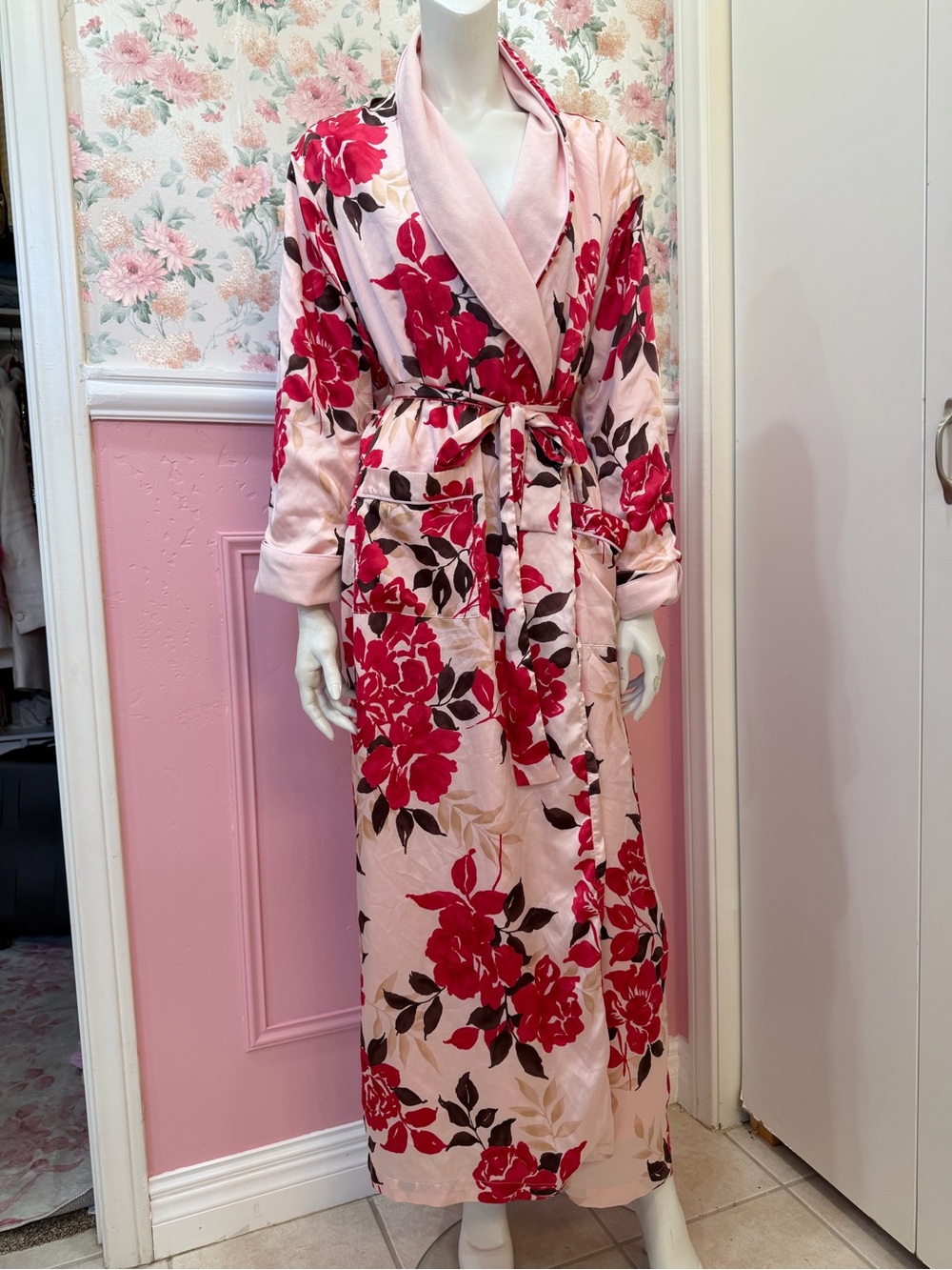 Y2K Floral Pink Satin Long Robe with Belt
